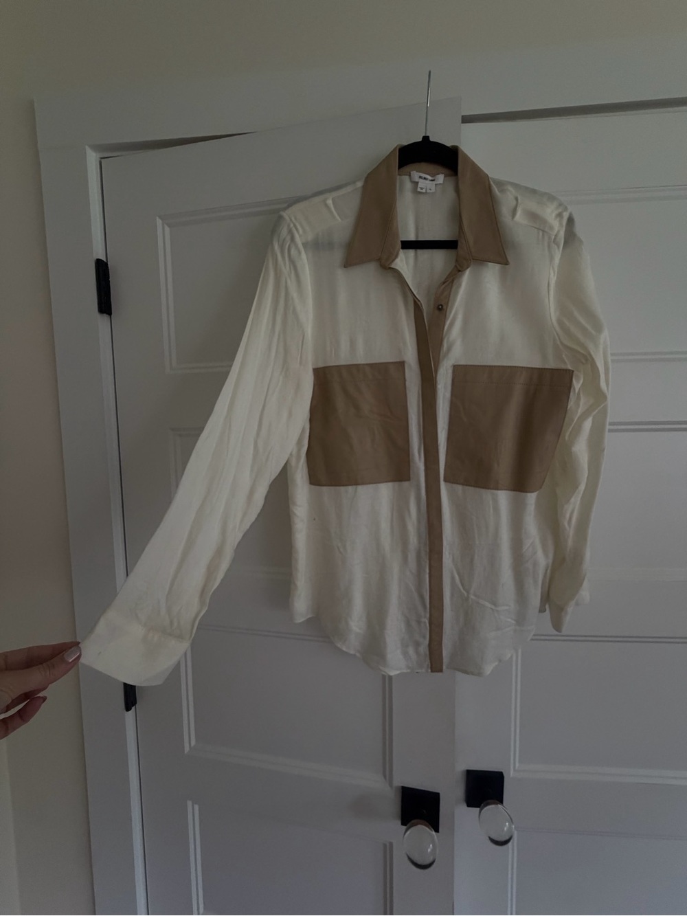 Helmut Lang Cream Shirt with Tan Leather Collar and pockets